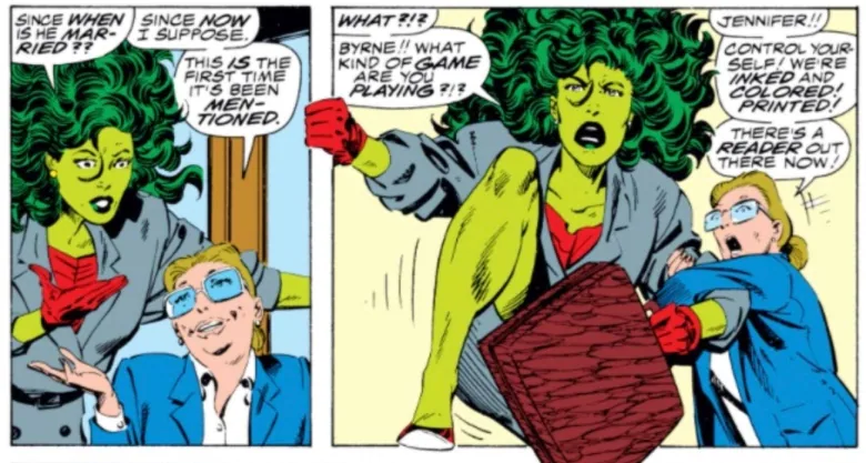 Dos paneles de historietas, el último de los cuales parece ser una mujer de piel verde saliendo de ella, mientras le grita a su pintor invisible. 
