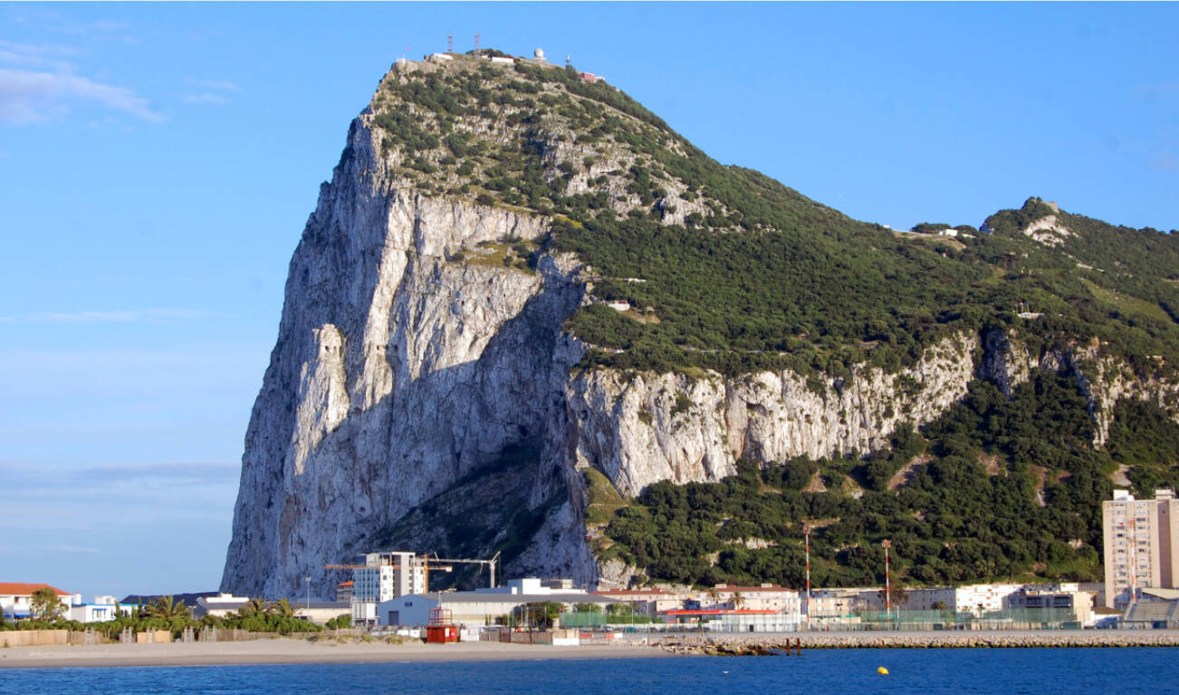 The craggy, famous Rock of Gibraltar overlooks its namesake town below.
